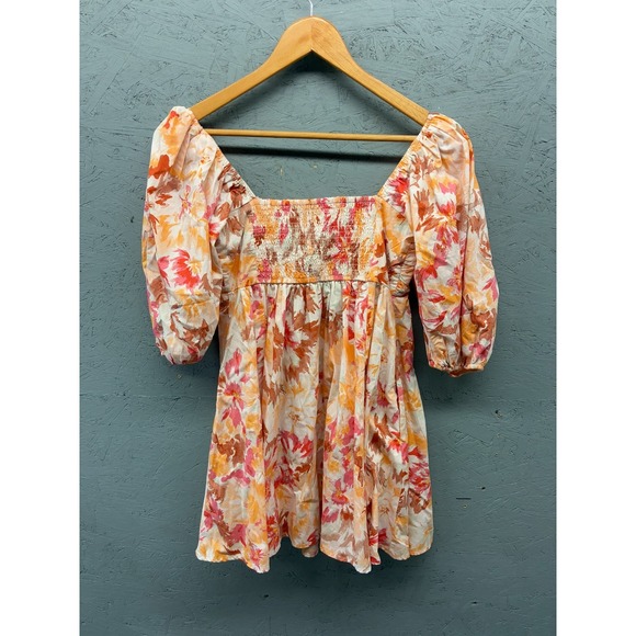 Abercrombie & Fitch Babydoll Dress Women's S Peach Pink Floral Puff Sleeve Mini - Picture 10 of 10